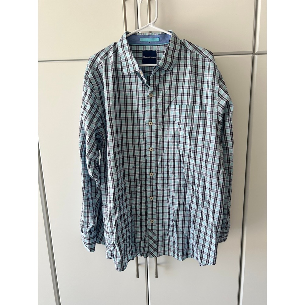 Tommy Bahama Mens XL Blue Navy Plaid Long Sleeve Button Down Shirt 100% Cotton
